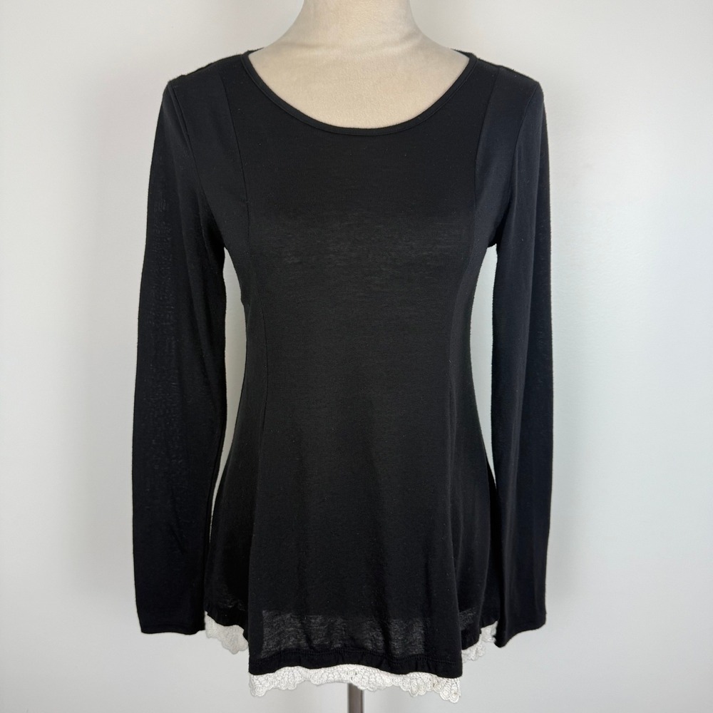 Rewind Womens Black Long Sleeve Lace Trim Tie Back Paneled Knit Top‎ Boho Size M